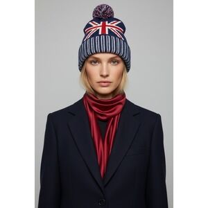 Union Jack British Flag Knit Pom Beanie Hat OS Navy Blue Red White UK Hat